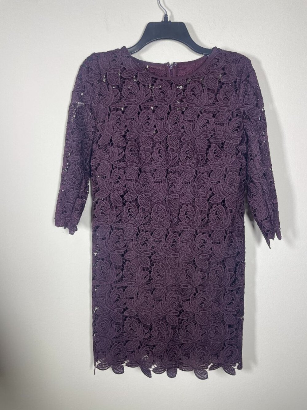 Ann Taylor Loft Burgundy Deep Purple Lace Shift Dress 3/4 Sleeve Size 4P Floral!